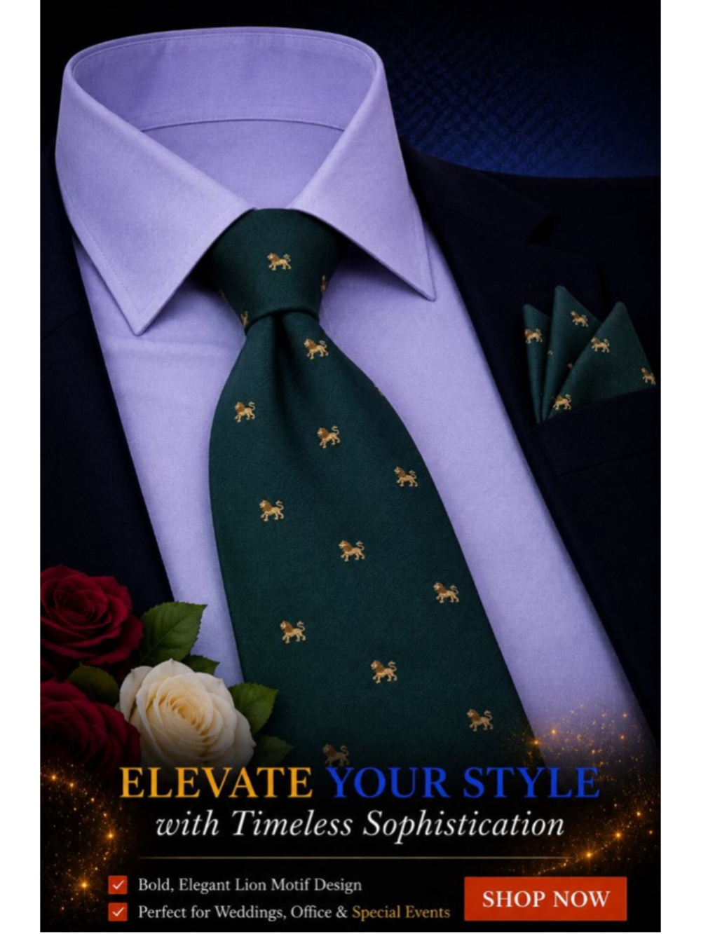 Brittania Dark Green Gold Lion Motif Men’s Tie One Size